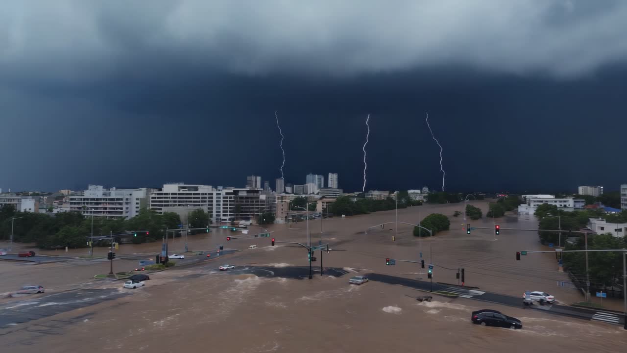 Flooded City with Lightning Strikes