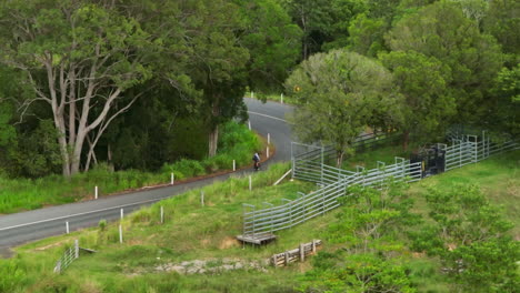 road bike cyclist riding along rural road near green bush and australian farms, 4k drone telephoto slow motion