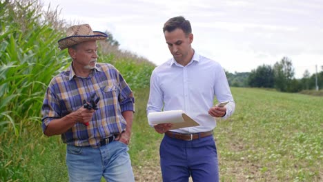 hombres hablando en la granja de maíz