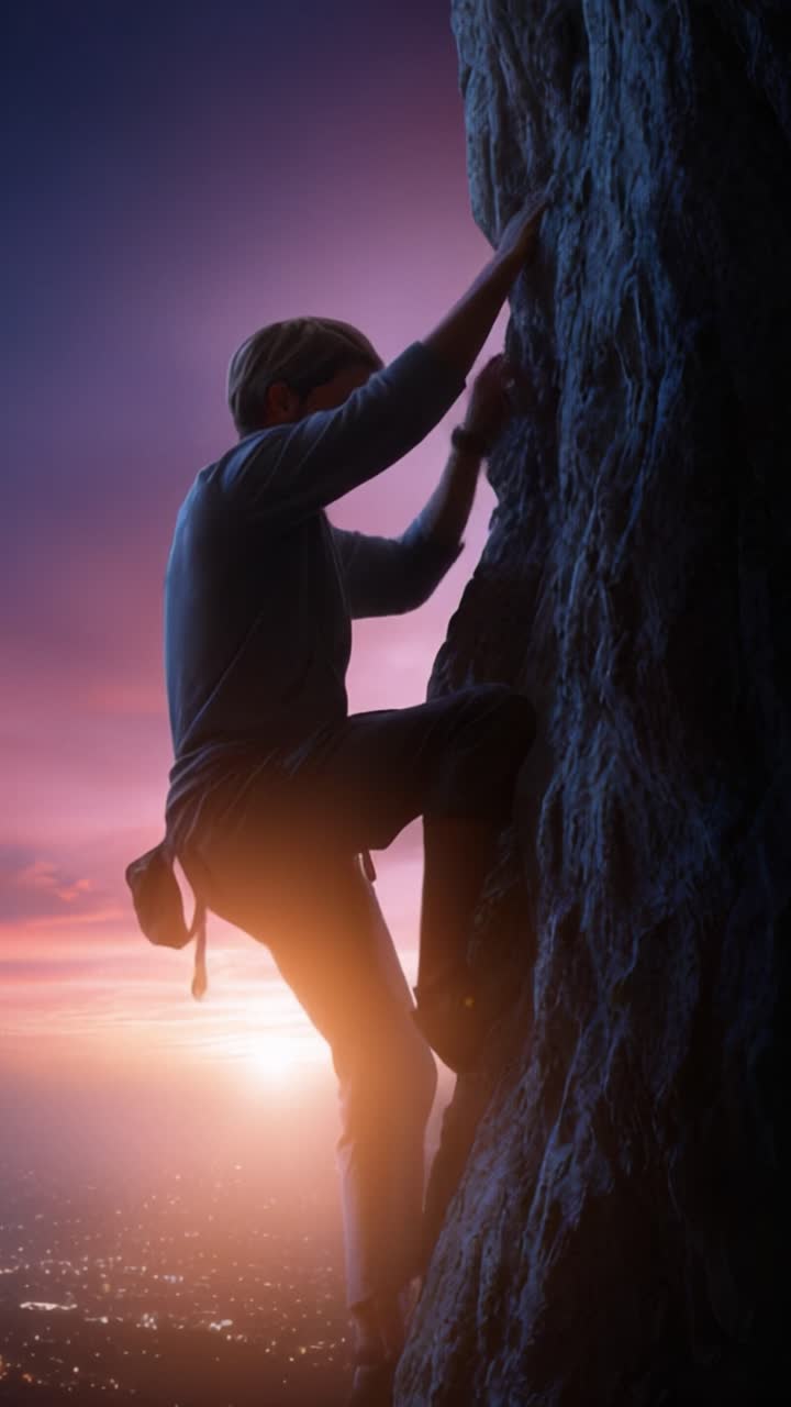 A Dedicated Climber Ascends a Rocky Face Against a Beautiful Sunset Backdrop, Showcasing the Spirit of Adventure and the Pursuit of Personal Goals in Nature