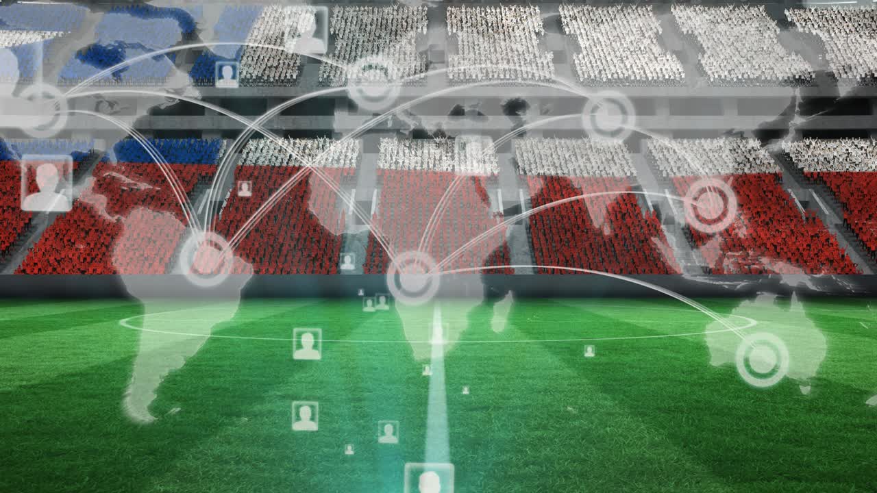 анимация сети соединений, карта мира над чилийским флагом на пустых трибунах на спортивном стадионе