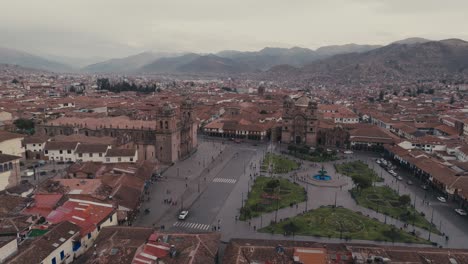 plaza de armas de cusco, cusco cathedral and capilla de nuestra señora de loreto in peru. - aerial shot