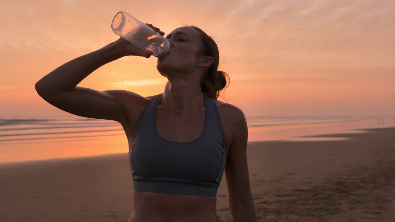 Woman hydrating after a workout on the beach at sunset