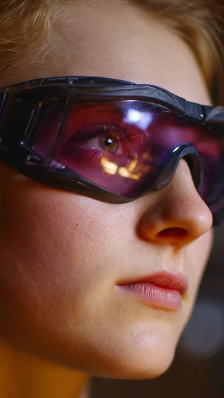 Close-up of a Young Woman Wearing Protective Eyewear with Unique Tint, Capturing Hyper-Focused Expression in an Intimate Setting, Highlighted by Soft Lighting