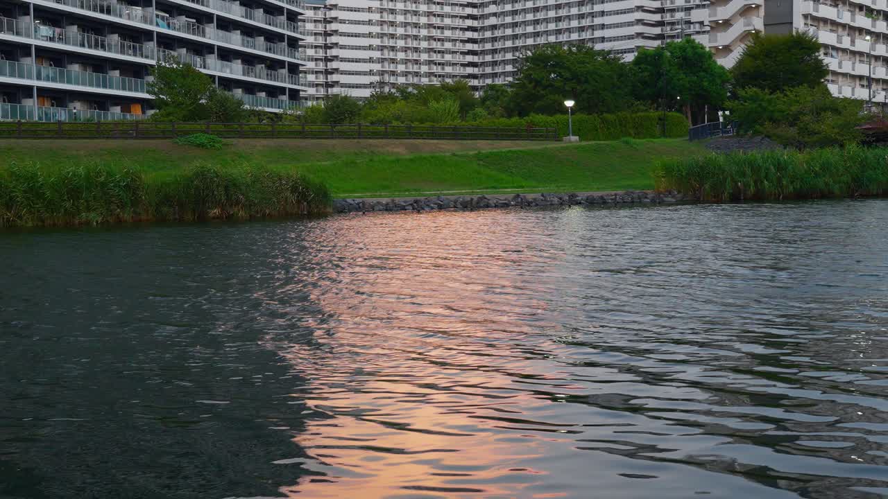 A wide shot of a river with a grassy bank and a modern apartment building in the background