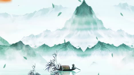 Mysterious-landscape-China's-traditional-Oriental-Digital-Art-animation,-Chinese-retro-painting-ink-misty-mountain-with-flowers,-tree,-birds,-river-in-fog-background