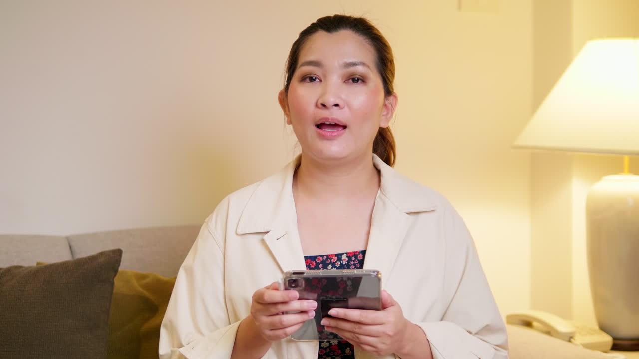 젊은 성인 여성이 평상복을 입고 방에서 말하는 비디오 온라인 커뮤니케이션을 설명하고 인터뷰합니다.