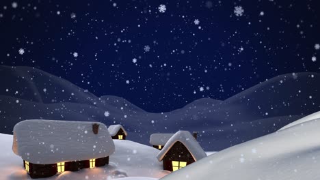 Animation-of-white-christmas-snowflakes-falling-over-illuminated-cottages-in-winter-night-landscape