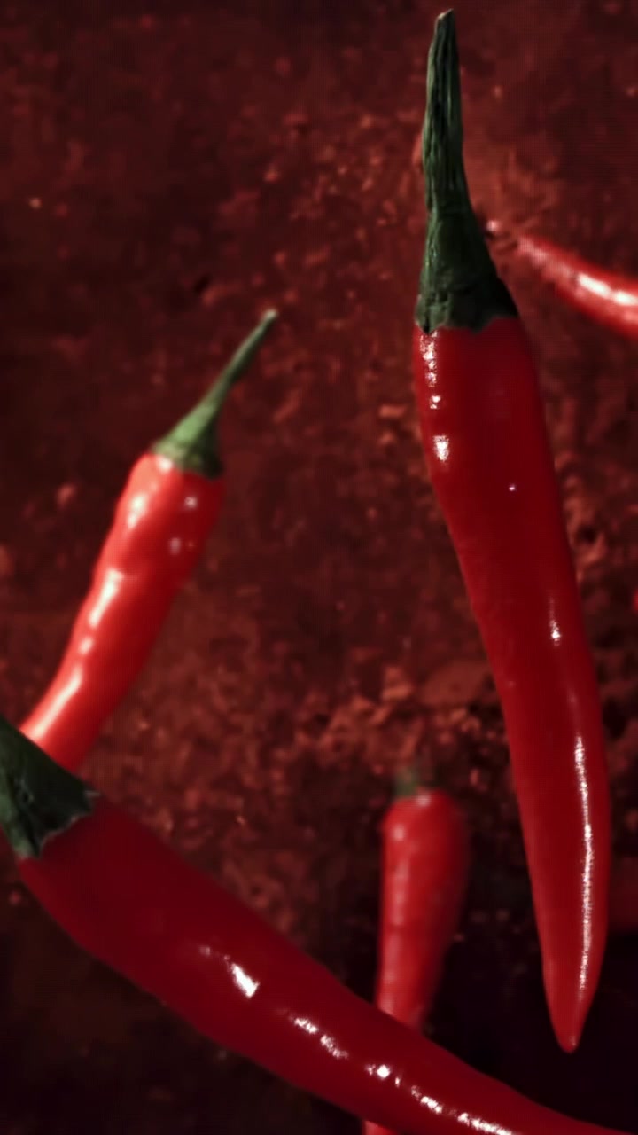 Vibrant Red Chili Peppers Falling in Slow Motion