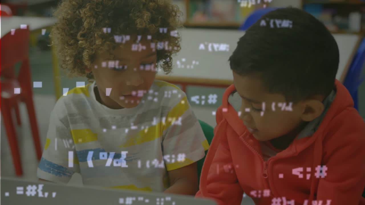 Two boys opening laptop and typing, code fragments spreading over screens during coding lesson