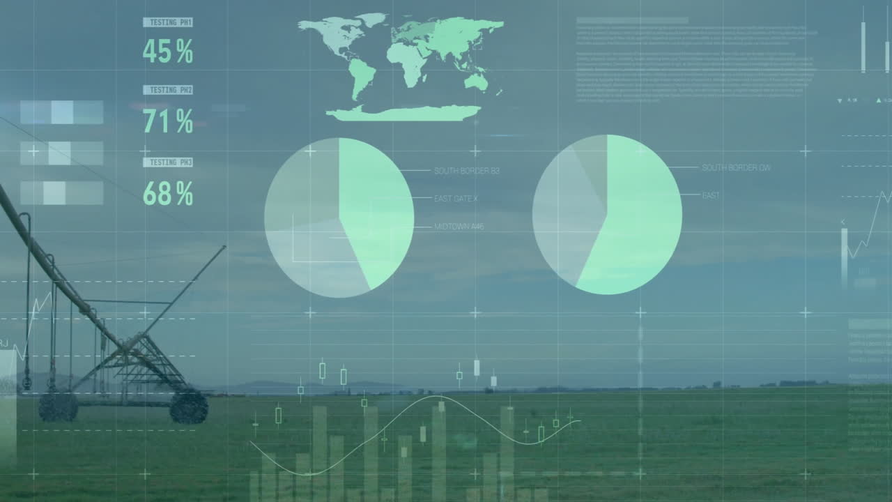 Center pivot irrigation arm extending across farmland, overlaying digital pie charts bar graphs
