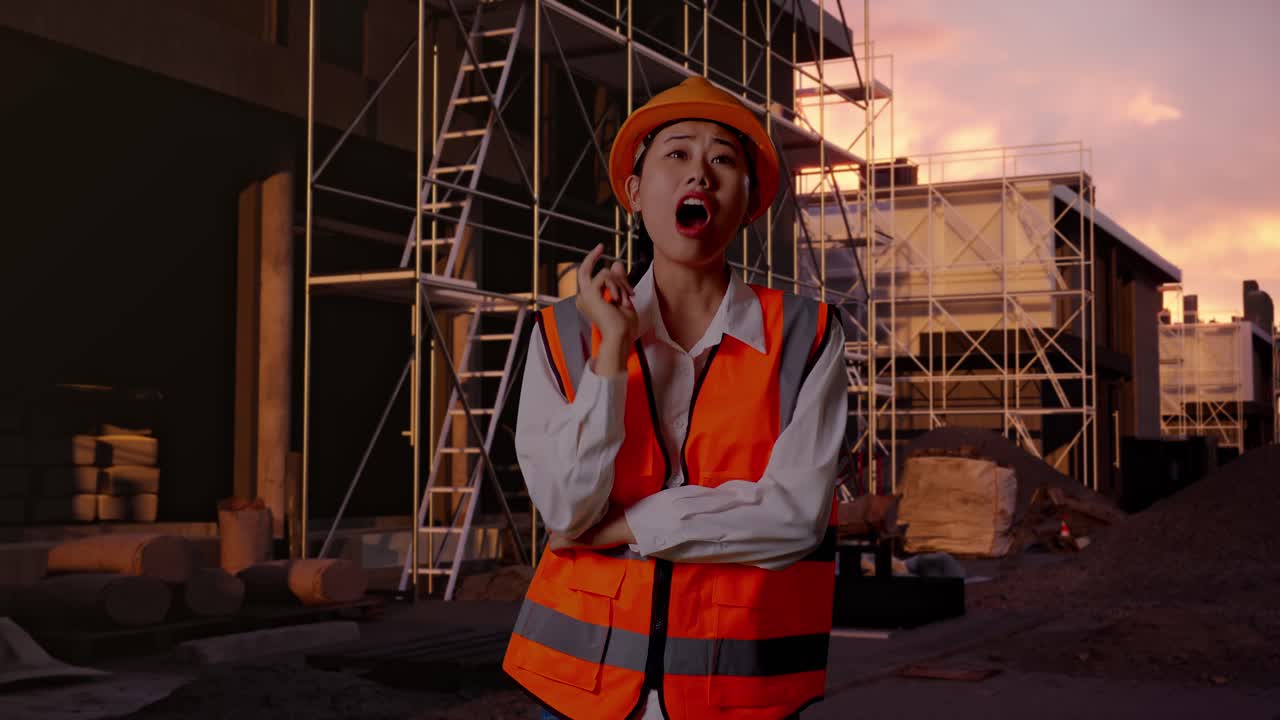 Asian Female Engineer With Safety Helmet Thinking And Looking Around Then Raising Her Index Finger While Standing At Construction Site in Progress to New House