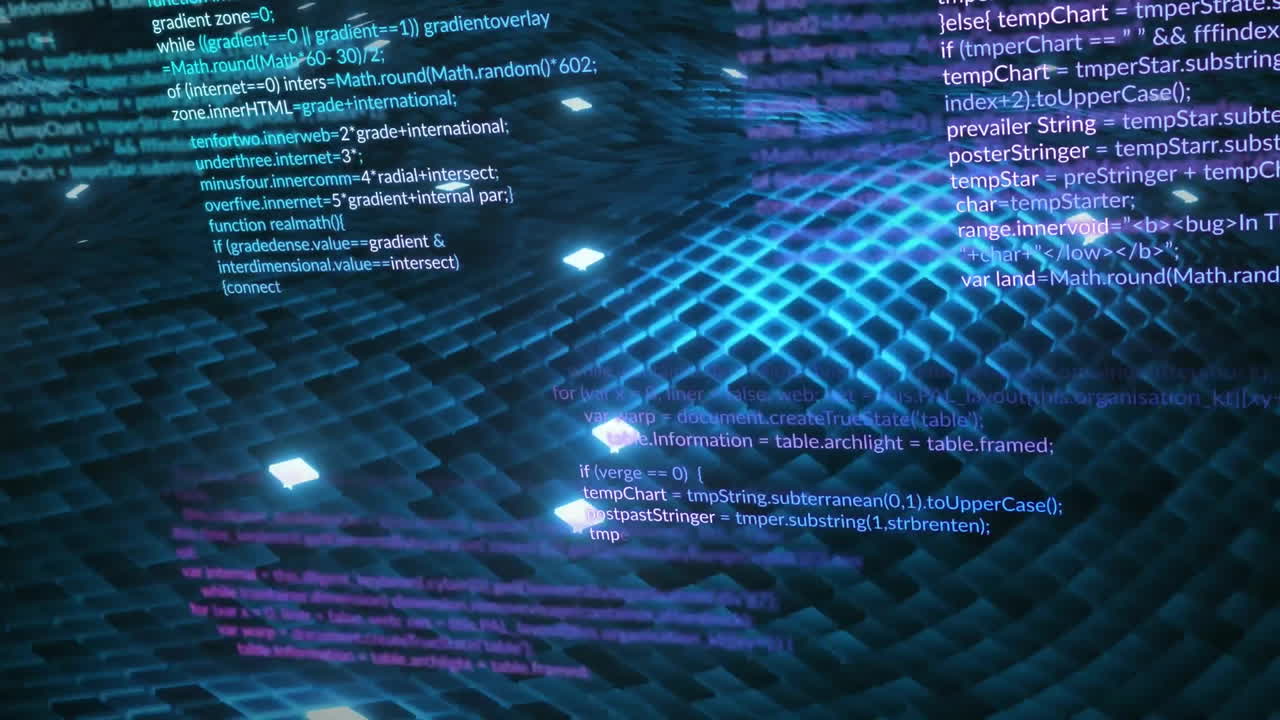 Animation of data processing over blue mesh on black background