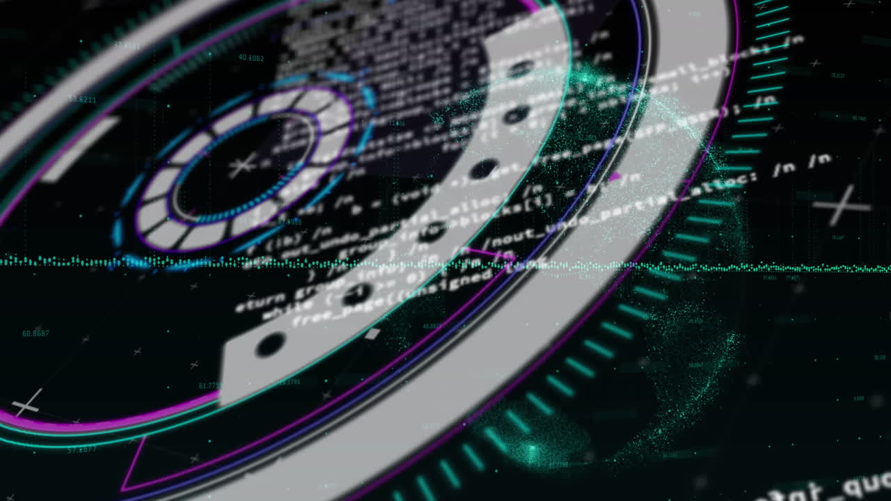 네온 둥근 스캐너가 데이터 처리에 대해 회전하고 검은색 배경에 회전하는 지구의 애니메이션