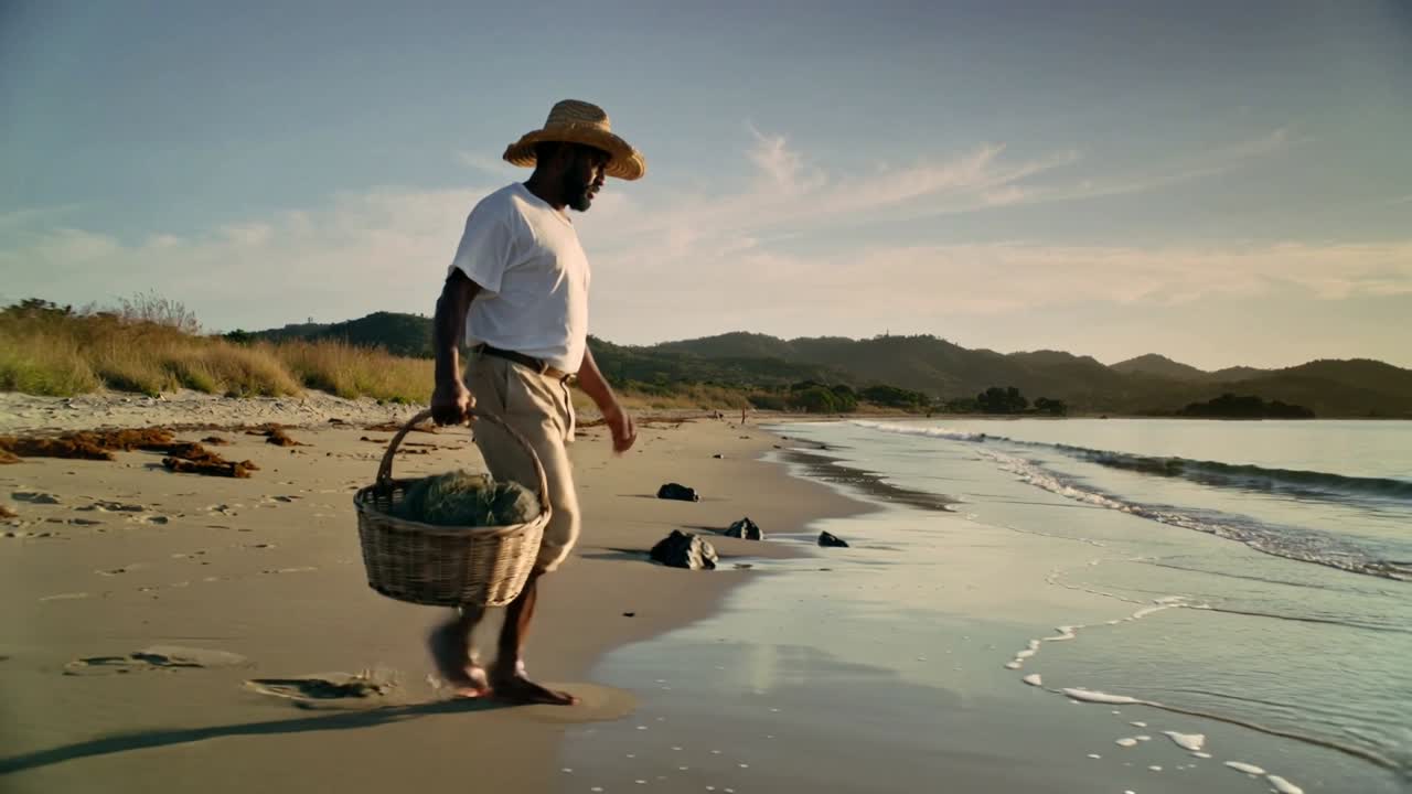 Un pescatore che entra tra le onde, cammina lungo la riva raccogliendo alghe in un cesto, indossando un cappello di paglia.