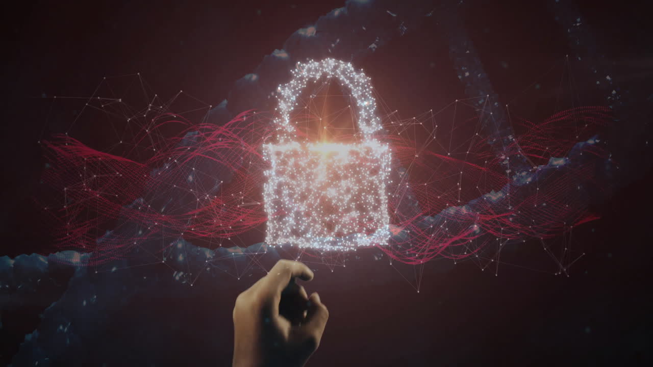 Hand interacting with digital lock, animation of network connections in background