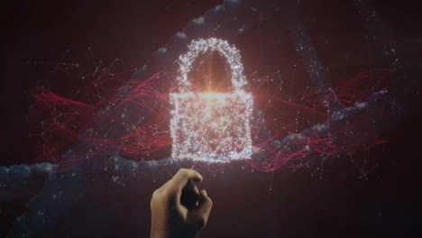 hand interacting with digital lock, animation of network connections in background