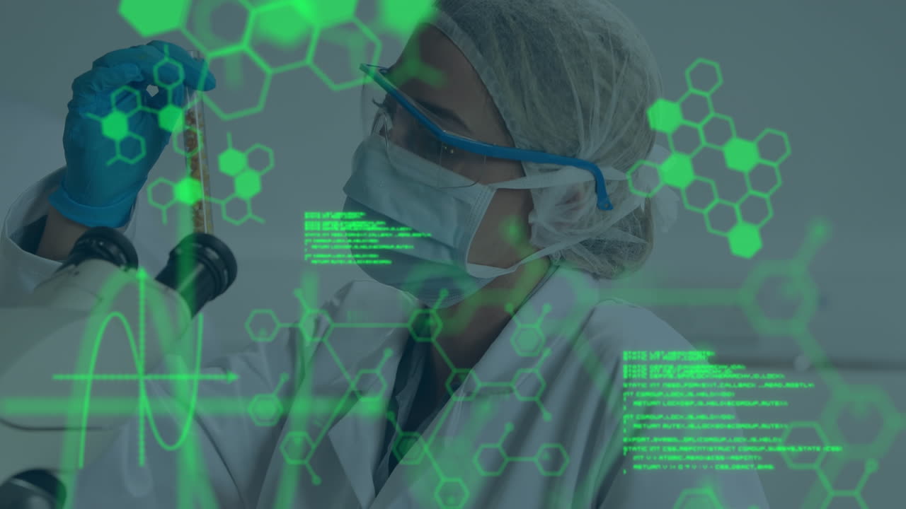 animación del procesamiento de datos sobre una científica caucásica