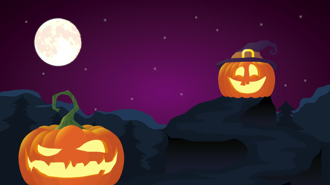 paesaggio felice di halloween con zucca con cappello da strega, animazione