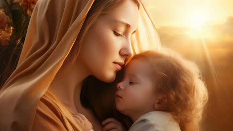 mother cradling her sleeping baby at sunset, surrounded by warm light and a tranquil atmosphere, capturing a tender and loving moment filled with serenity and connection