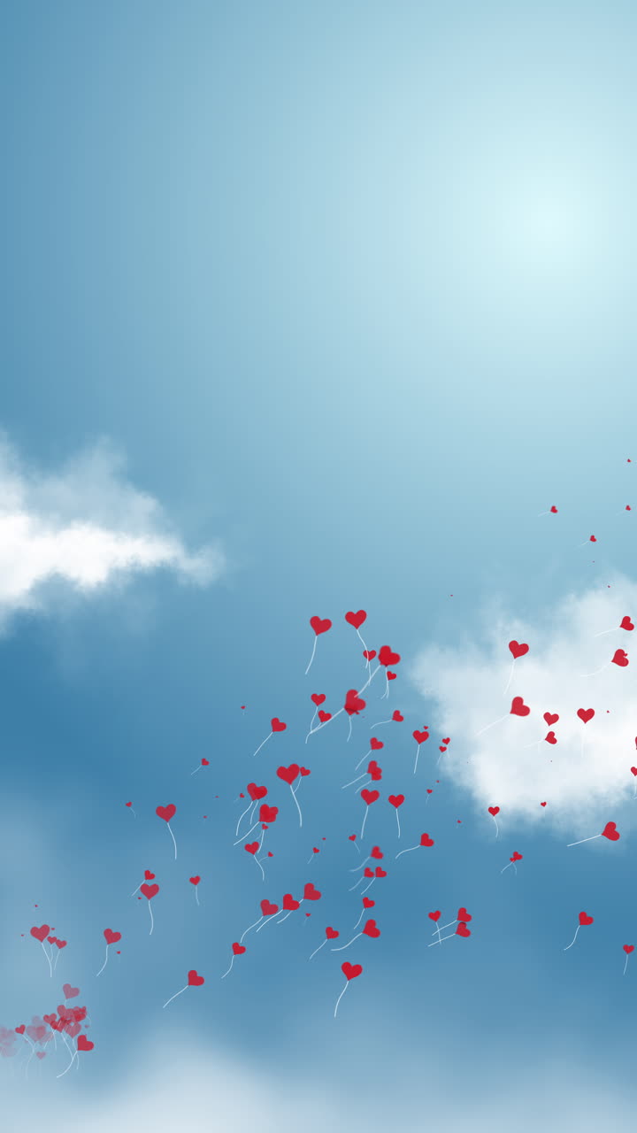 White cloud with flying red heart balloon on blue background. Blank space for text. Loop animation. Vertical video.