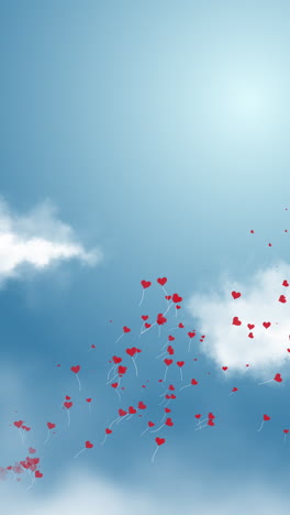 white cloud with flying red heart balloon on blue background. blank space for text. loop animation. vertical video.