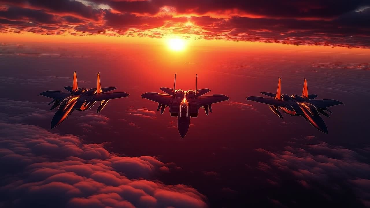 Fighter jets soar through sunset sky. Three jets soar in formation above clouds at sunset, displaying vibrant colors and striking silhouettes.