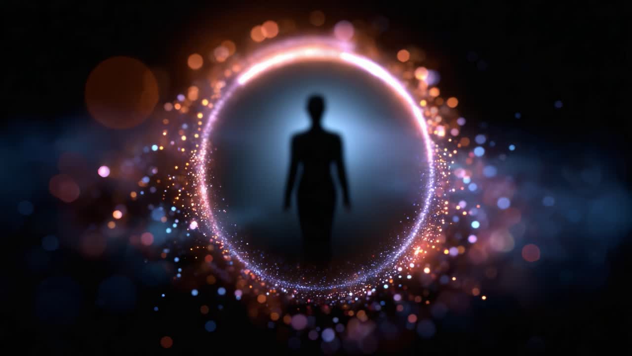 A Mysterious Silhouette Emerging from a Cosmic Portal Surrounded by Colorful Light Particles Symbolizing Transformation and Exploration Beyond Realms