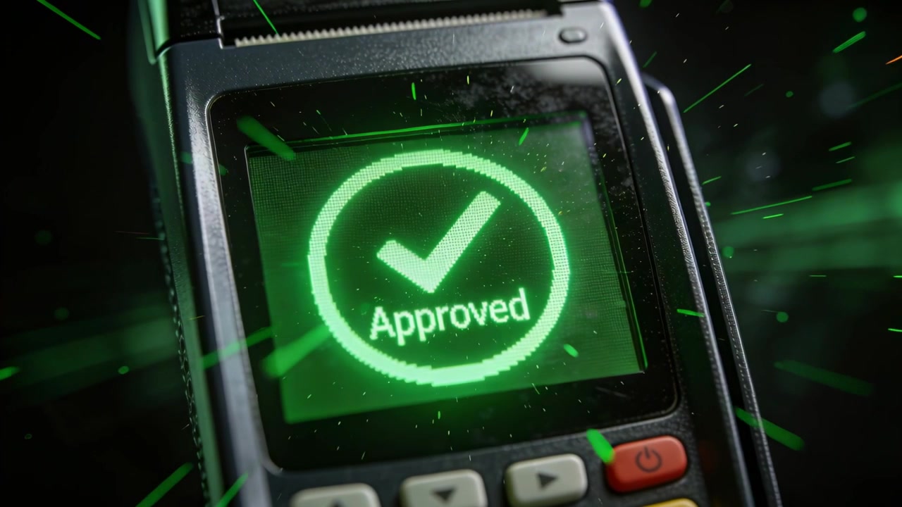 Showing POS terminal confirming approved check upon card approval in studio, displaying keypad