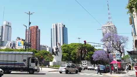 argentine buenos aires city panoramic cityscape with traffic in 9 de julio avenue and jacaranda violet trees