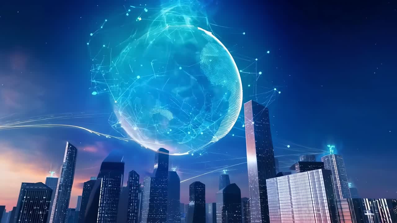 Futuristic cityscape with a digital globe overlay, captured from a low angle