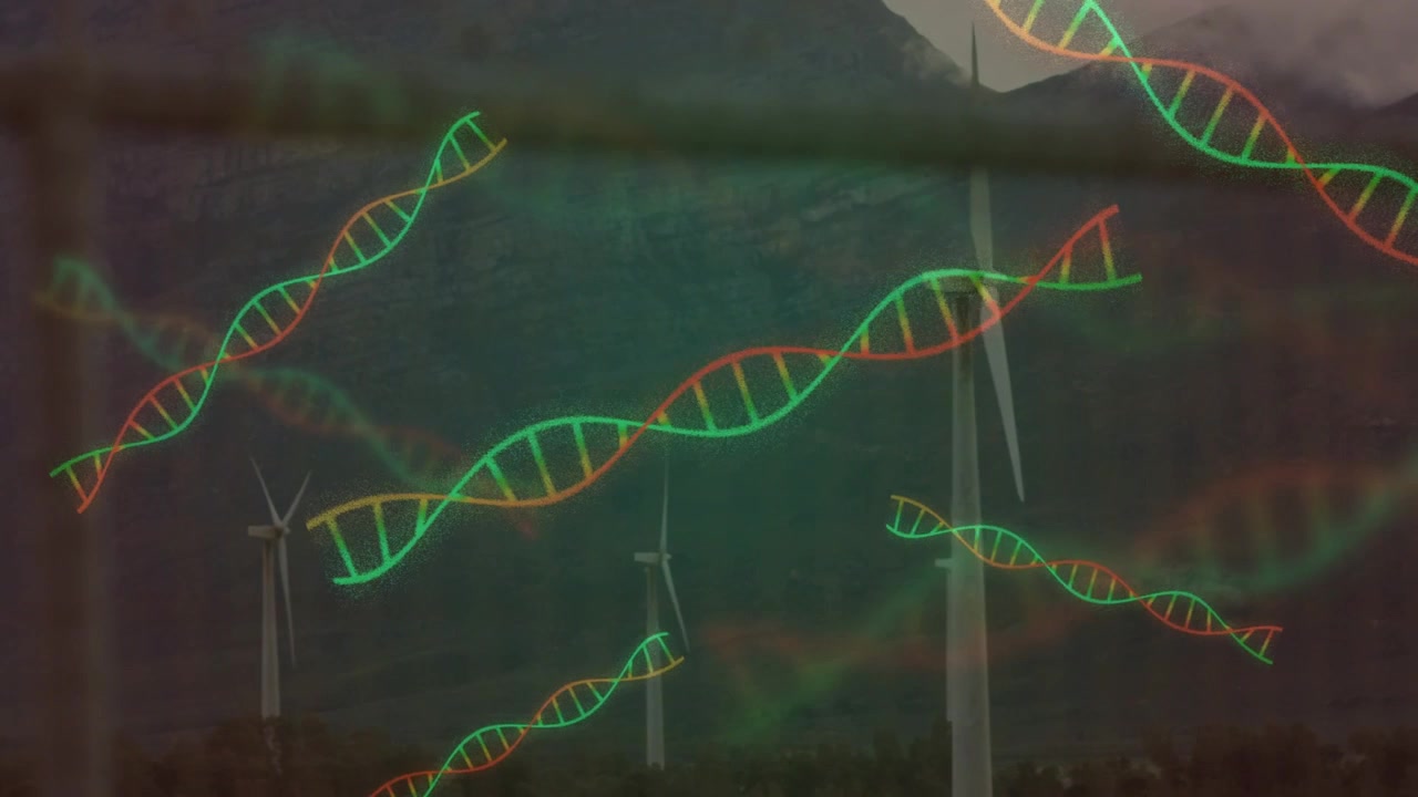 Animated neon double-helix graphics appearing on start, drifting to visualize wind over turbines