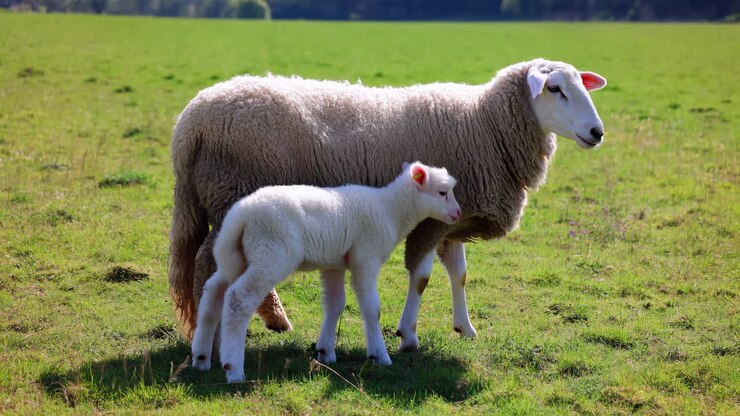 Agnello che allatta accanto alla pecora madre in un prato soleggiato, erba primaverile sotto la luce soffusa del sole, con la madre pecora che vigila attentamente.
