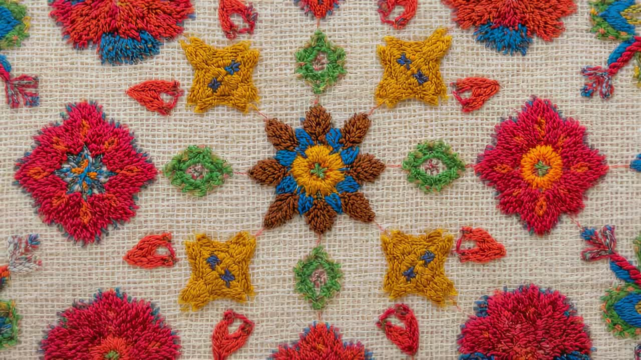 Starting camera zooming, revealing central embroidered star on beige woven cloth, showing stitches