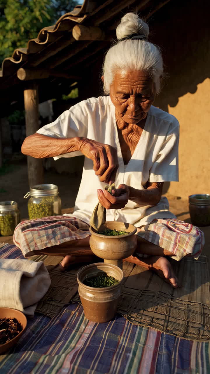 Elderly Woman Preparing Herbs in Rural Setting