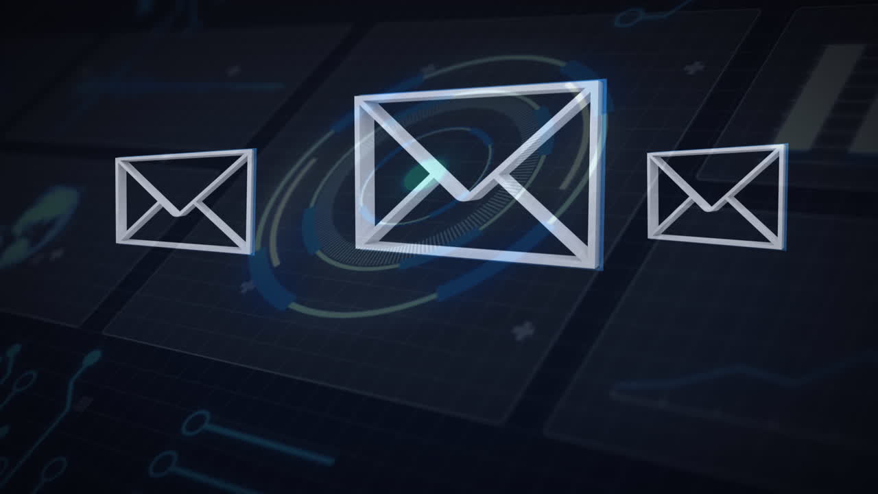 animación digital de múltiples iconos de mensajes flotando contra un escáner redondo sobre un fondo azul