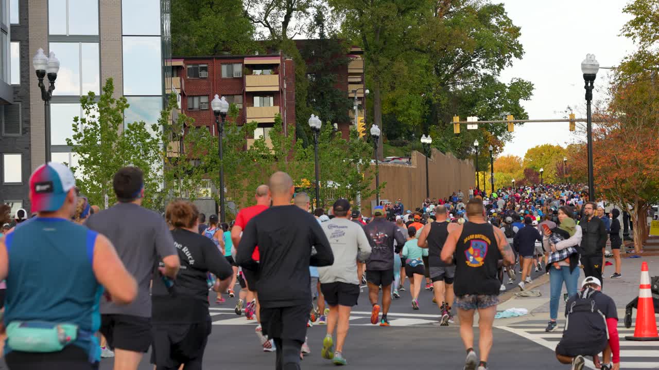 Rear view of large crowd of runners racing in a marathon, Washington DC
