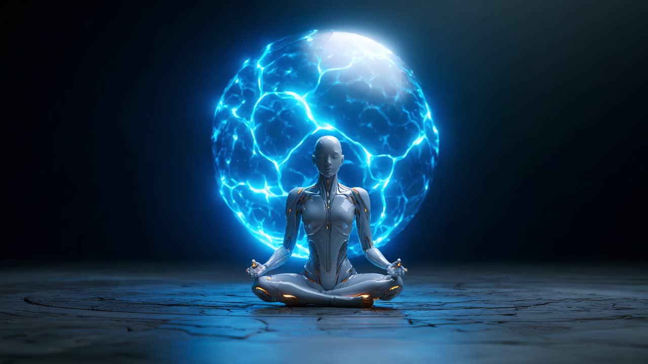 Una figura umanoide futuristica medita in un ambiente sereno, circondata da una sfera di energia luminosa, creando un'atmosfera accattivante e tranquilla di consapevolezza.