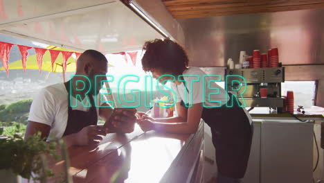 people in food truck discussing while register text animation appears over them
