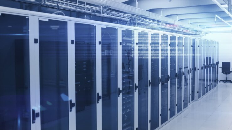 Computer servers in a server room with glowing lights
