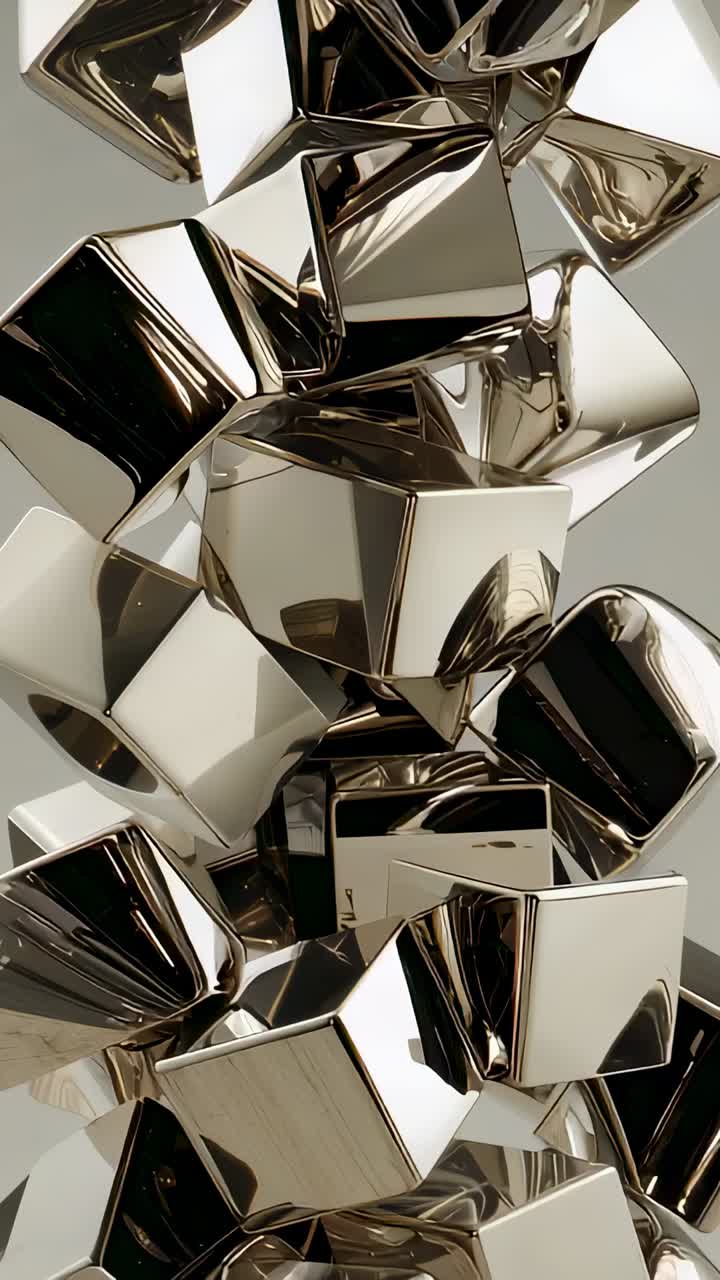 Vertical video: Playback starting, faceted metal block column rotating slowly in studio for study