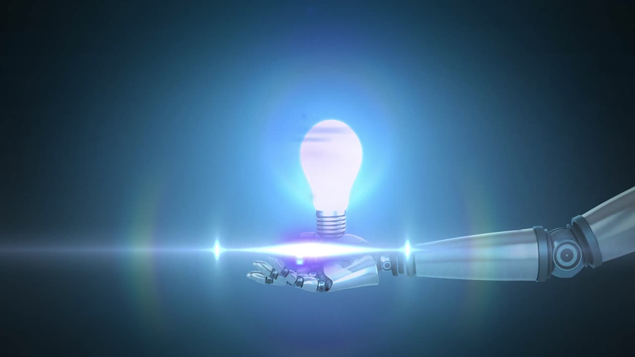 로 ⁇  팔의 손 위에 조명된 전구의 애니메이션, 파란색 배경에 움직이는 빛