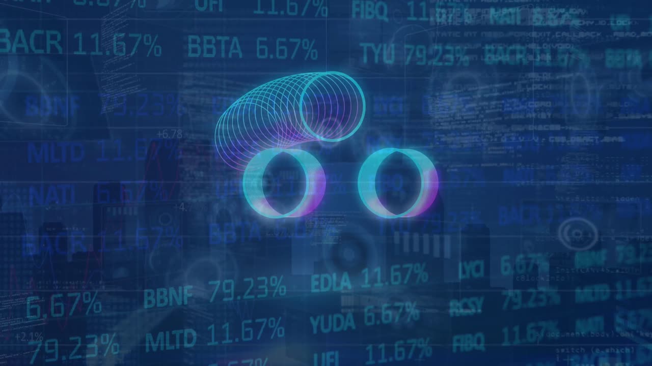 Animation of neon circles over digital screen with financial data and graphs