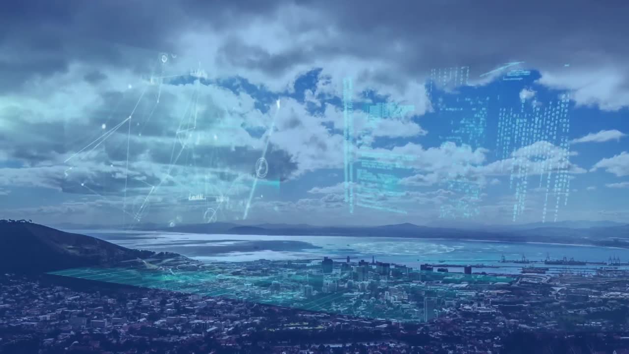 파란색 배경에 도시 풍경 위에서 통계 및 금융 데이터 처리의 애니메이션