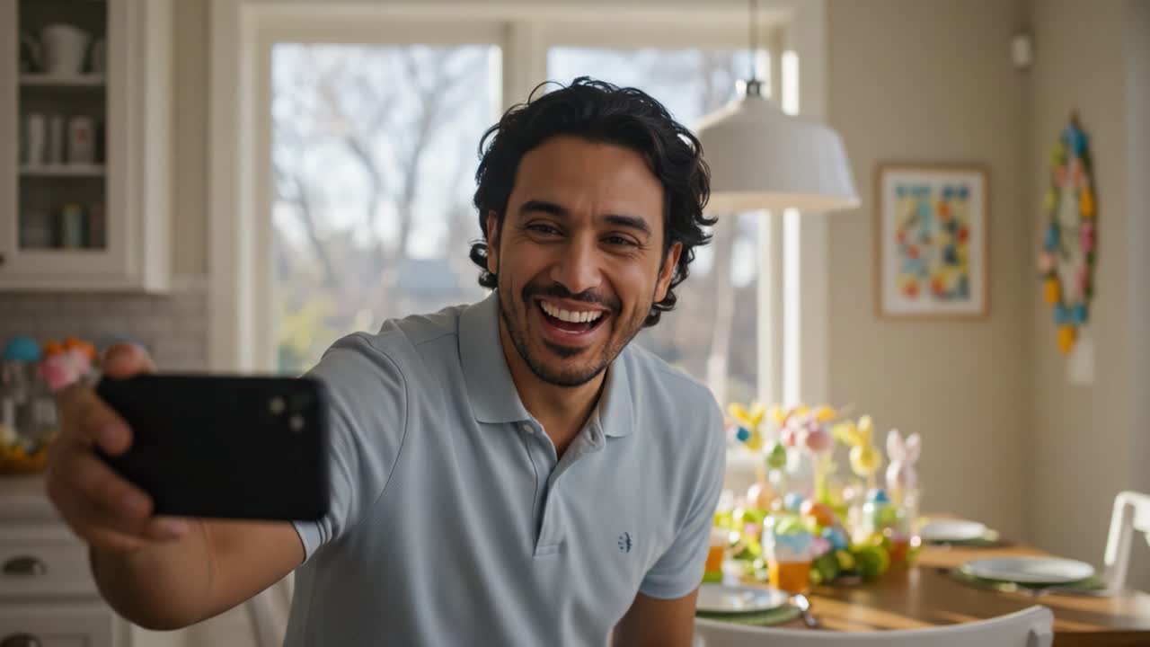 A Joyful Moment: Capturing Happiness in a Selfie While Surrounded by a Colorful and Cheerful Dining Setting with Decorations
