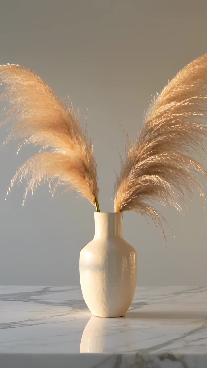 Vertical video: Lighting ceramic vase with pampas grass centered on marble table, soft reflection
