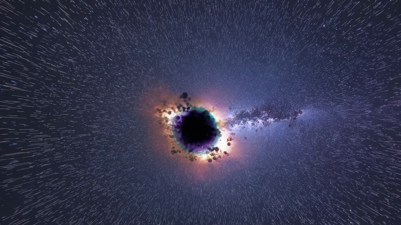 A cosmic video scene with a wormhole at the center, surrounded by colorful nebulae