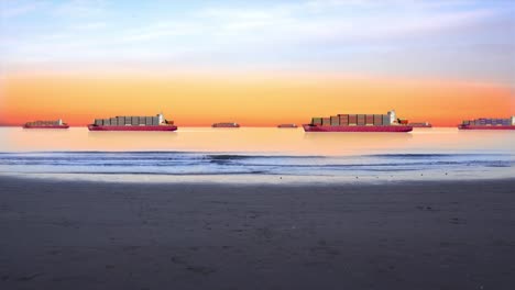 wild beach and cargo ships carrying freight containers