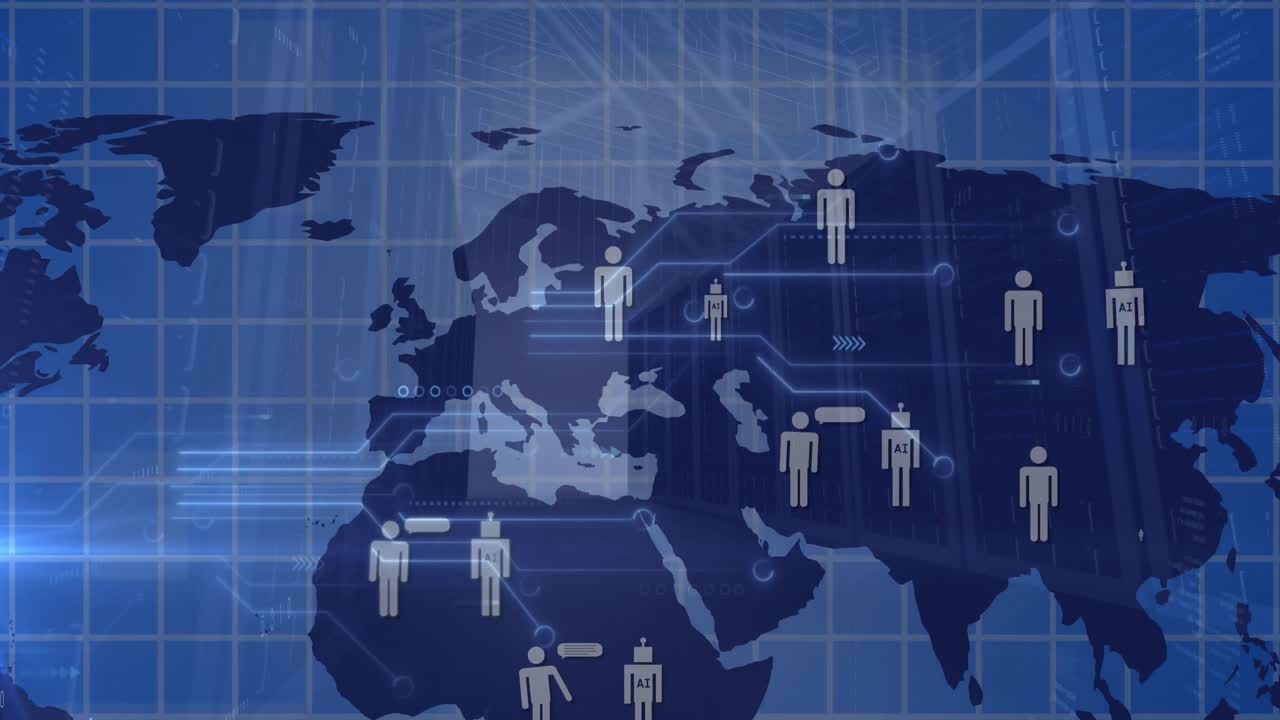 온라인 채팅 아이콘의 애니메이션 및 세계 지도 및 도시에 대한 데이터 처리