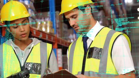 Animation-of-data-processing-over-diverse-people-working-in-warehouse